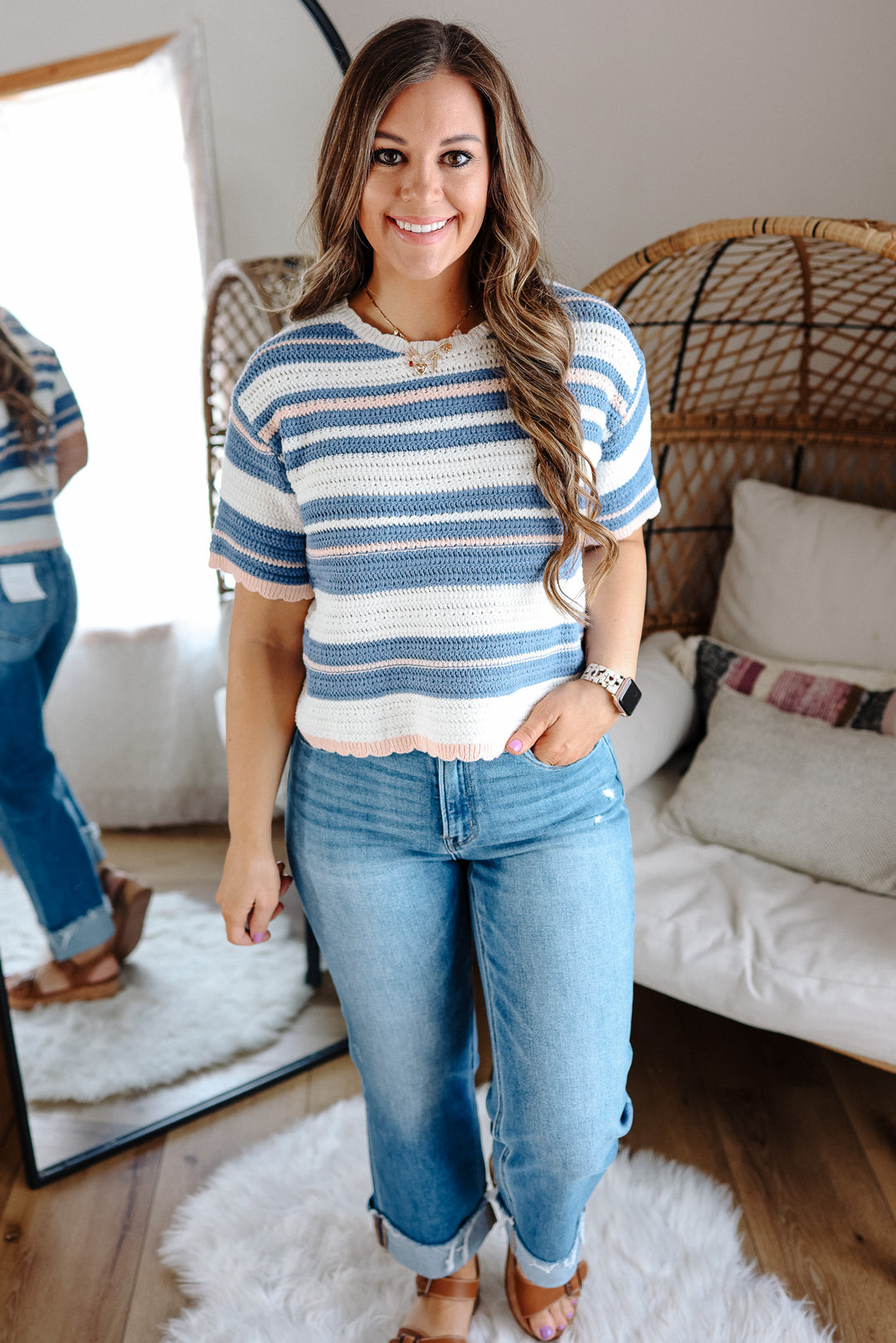 Ashtyn Weave Striped Sweater - Blue/Peach