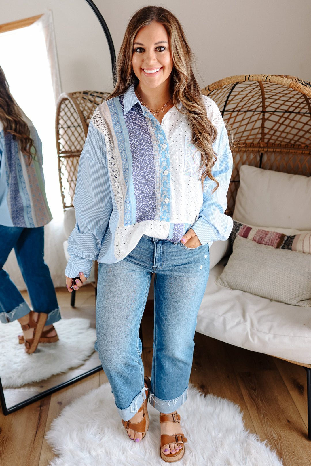 Elle Fabric & Lace Button Down Shirt