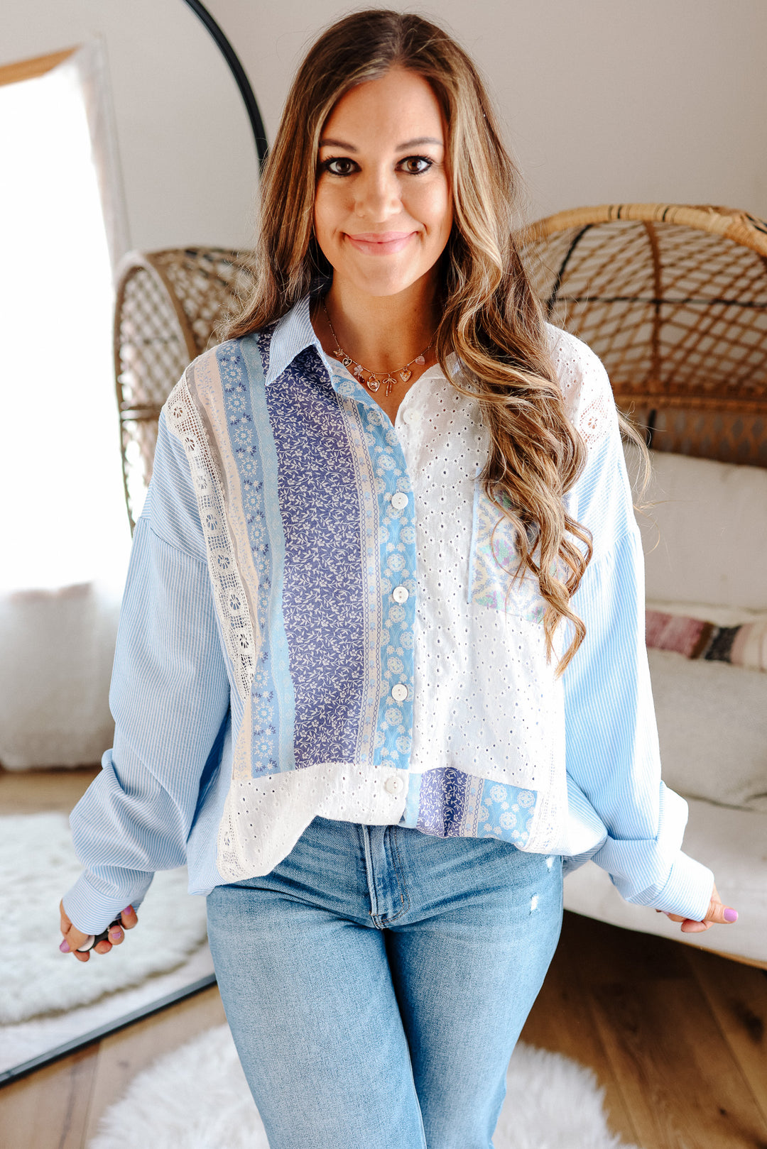 Elle Fabric & Lace Button Down Shirt