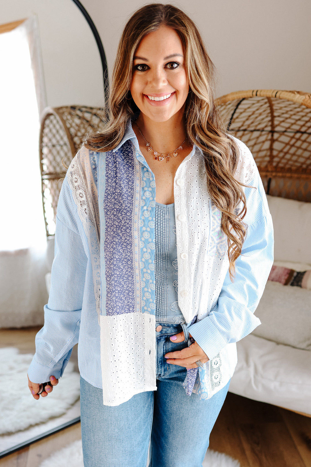 Elle Fabric & Lace Button Down Shirt