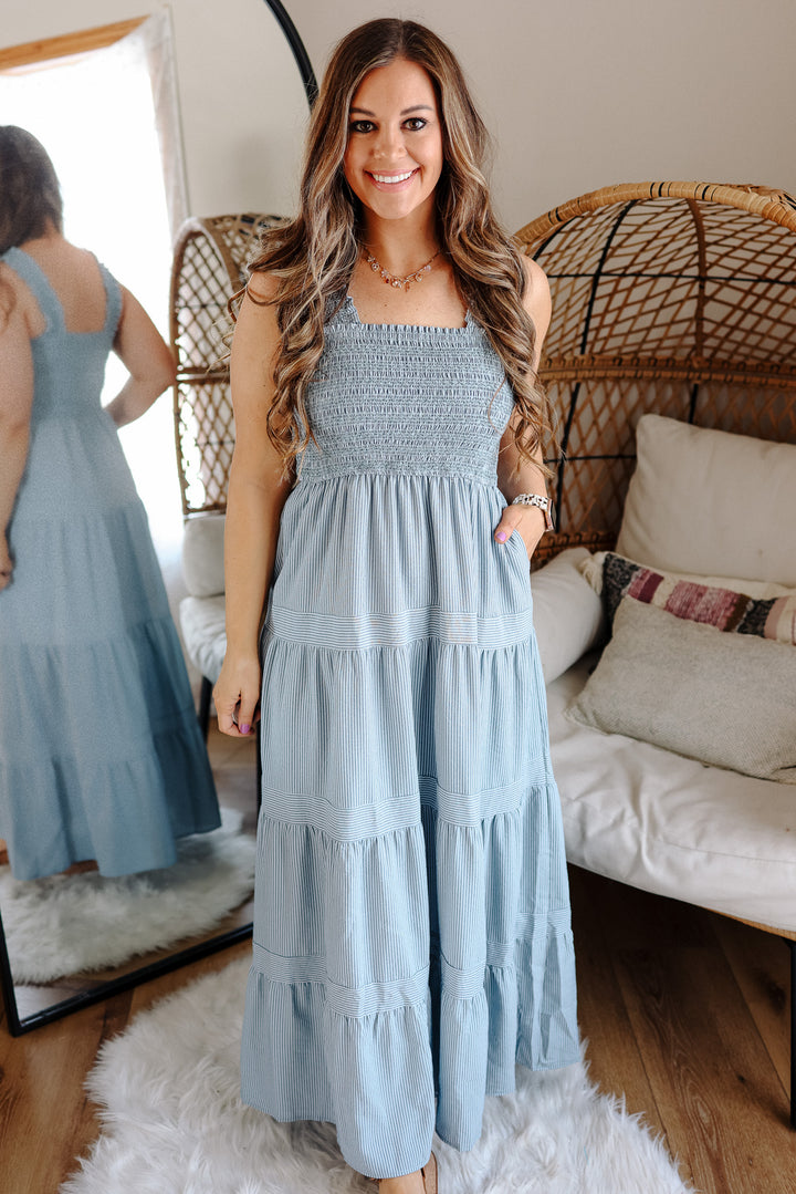 Vana Striped Smocked-Bodice Tiered Dress