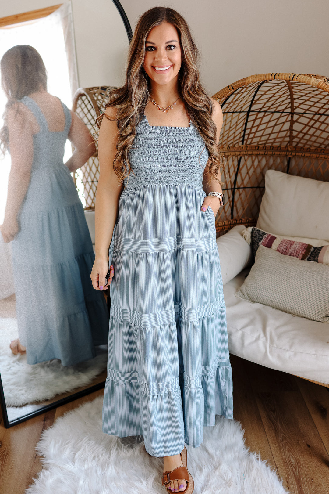 Vana Striped Smocked-Bodice Tiered Dress