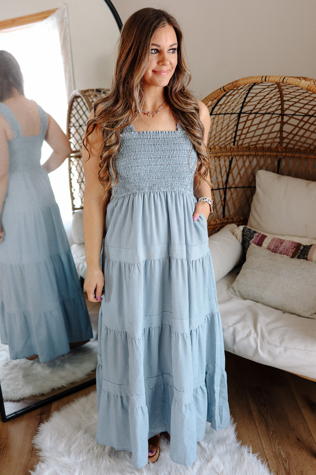 Vana Striped Smocked-Bodice Tiered Dress