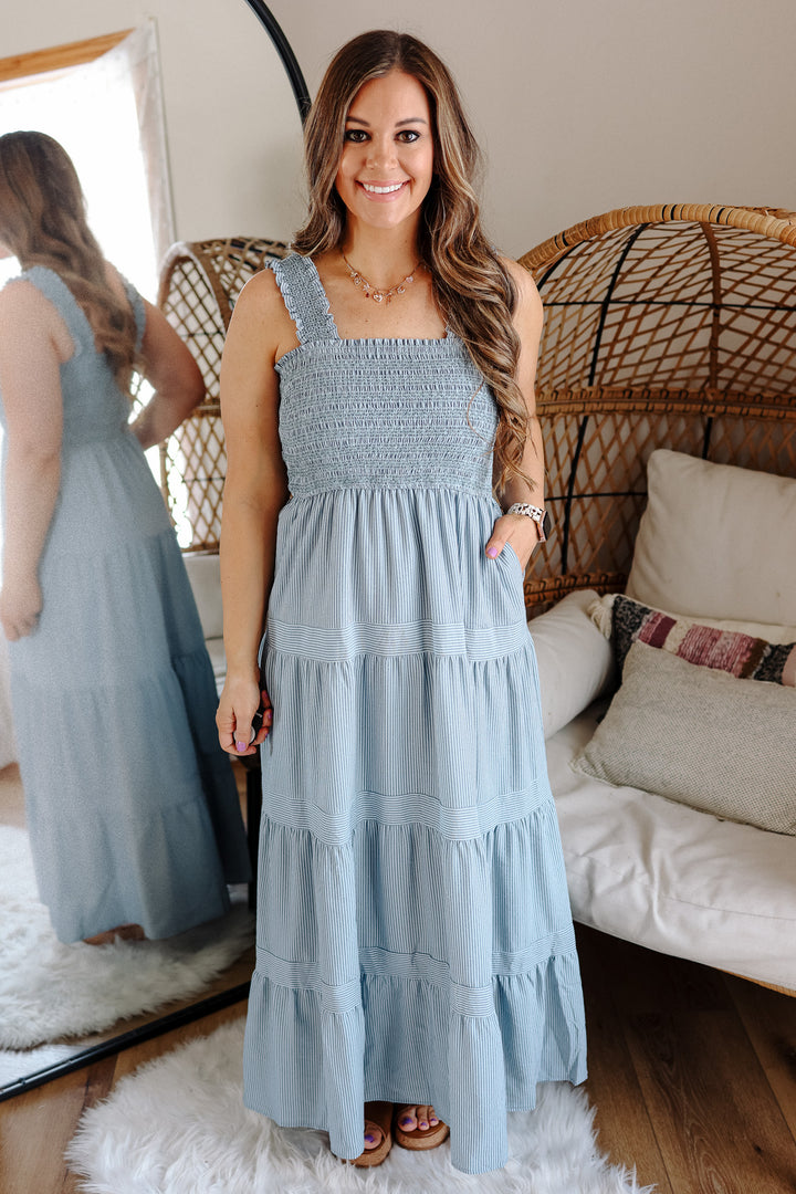 Vana Striped Smocked-Bodice Tiered Dress