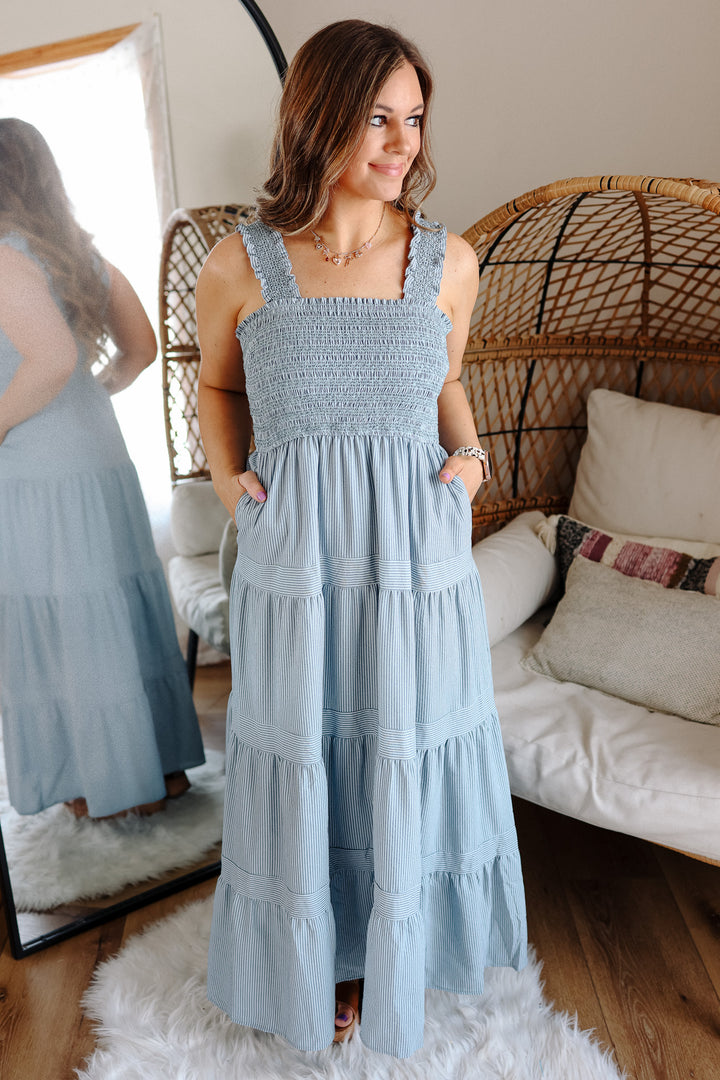 Vana Striped Smocked-Bodice Tiered Dress