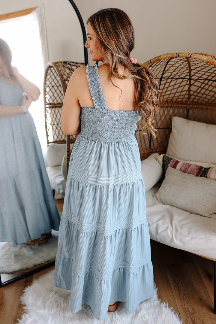 Vana Striped Smocked-Bodice Tiered Dress