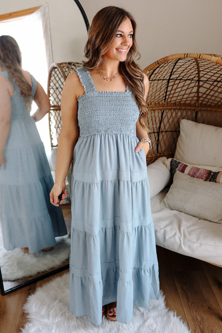 Vana Striped Smocked-Bodice Tiered Dress