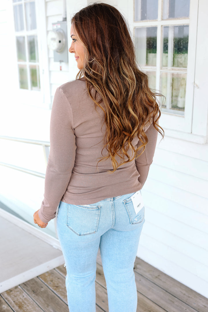 Olivia V-Neck Ribbed Long Sleeve - Taupe