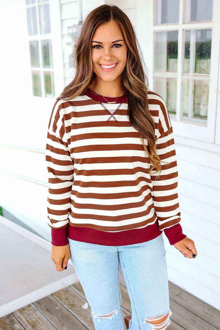 Wren Color Contrast Stripe Sweatershirt - Tobacco Brown