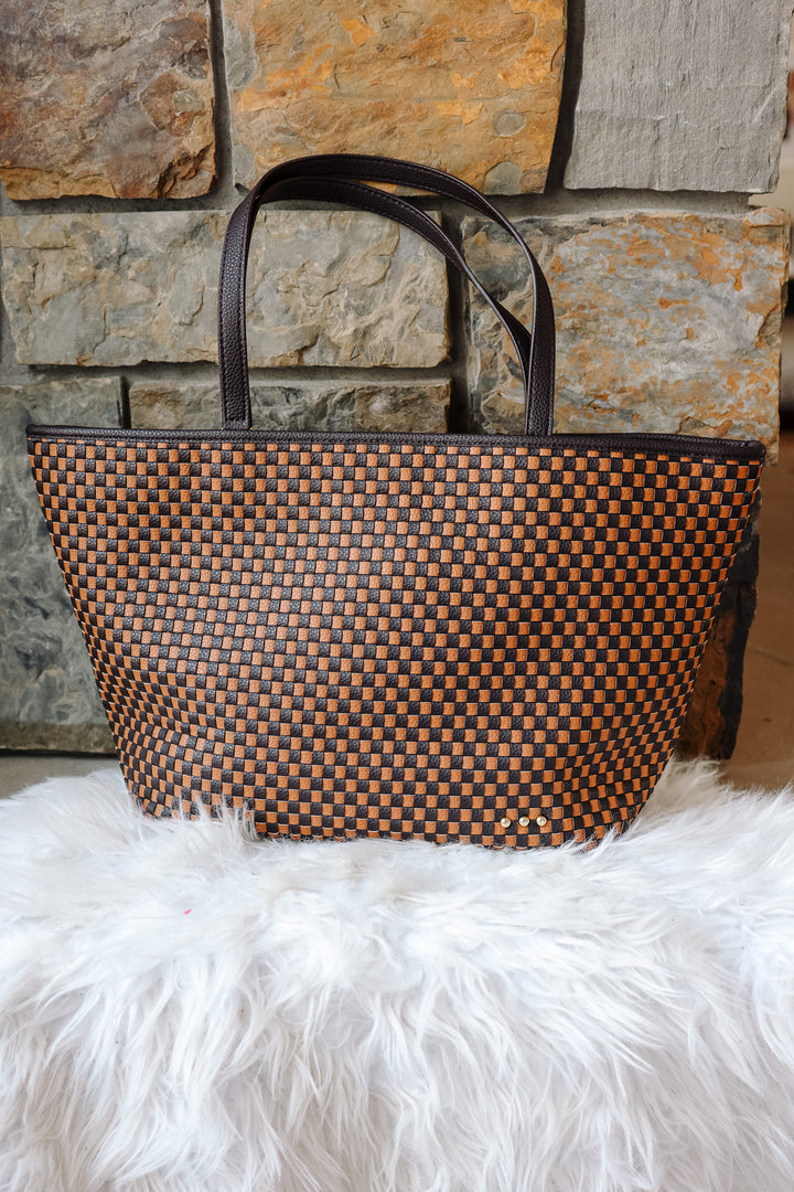 Woven Tiffany Organizer Tote Bag - Checkered Coffee