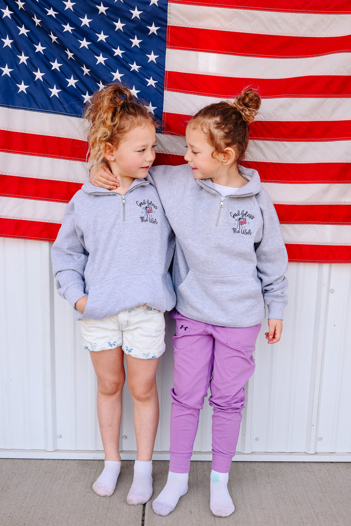 *YOUTH* God Bless The USA Embroidered Half Zip - Athletic Heather