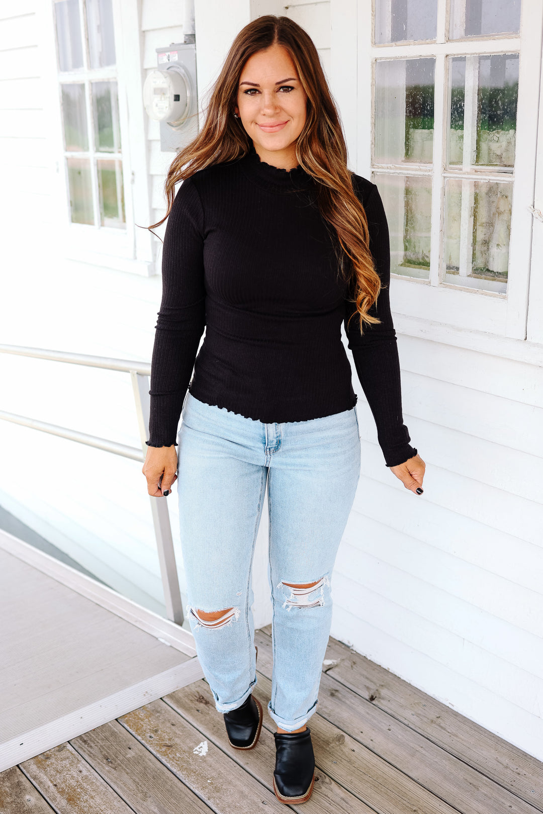 Josie Mock Neck Ribbed Top - Black