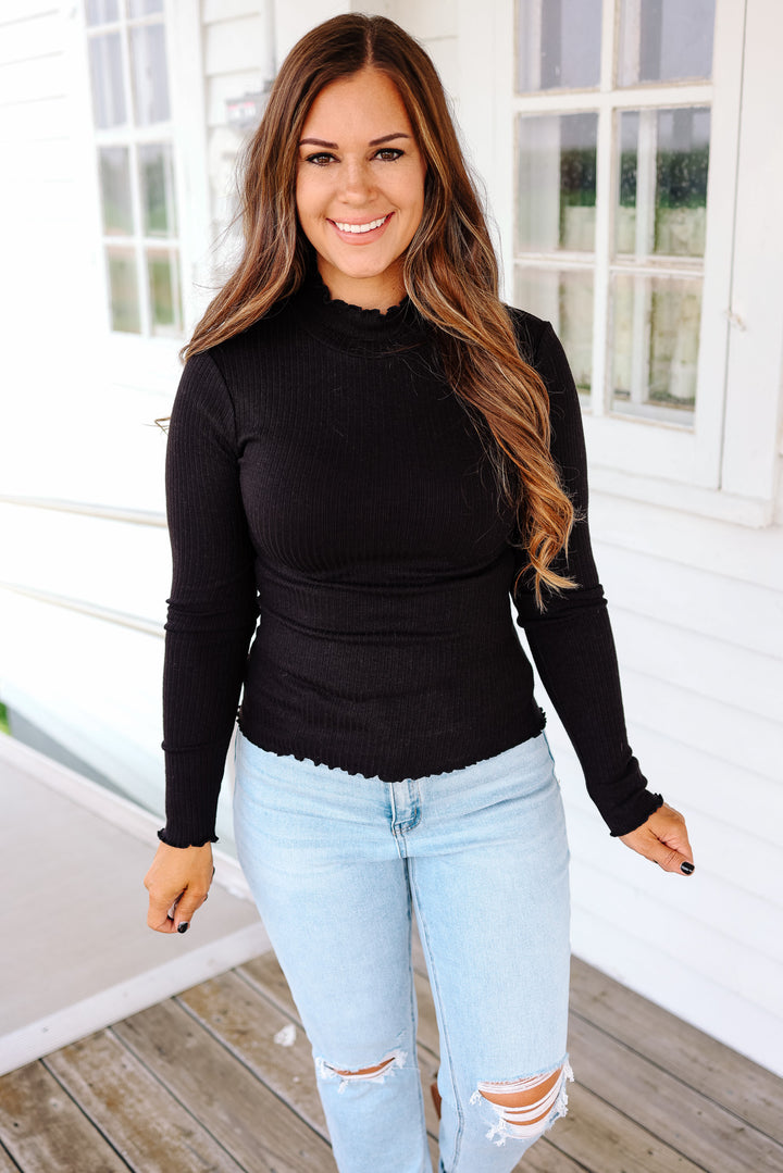 Josie Mock Neck Ribbed Top - Black