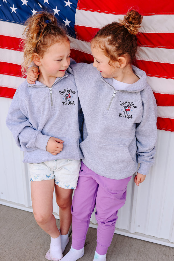 *YOUTH* God Bless The USA Embroidered Half Zip - Athletic Heather