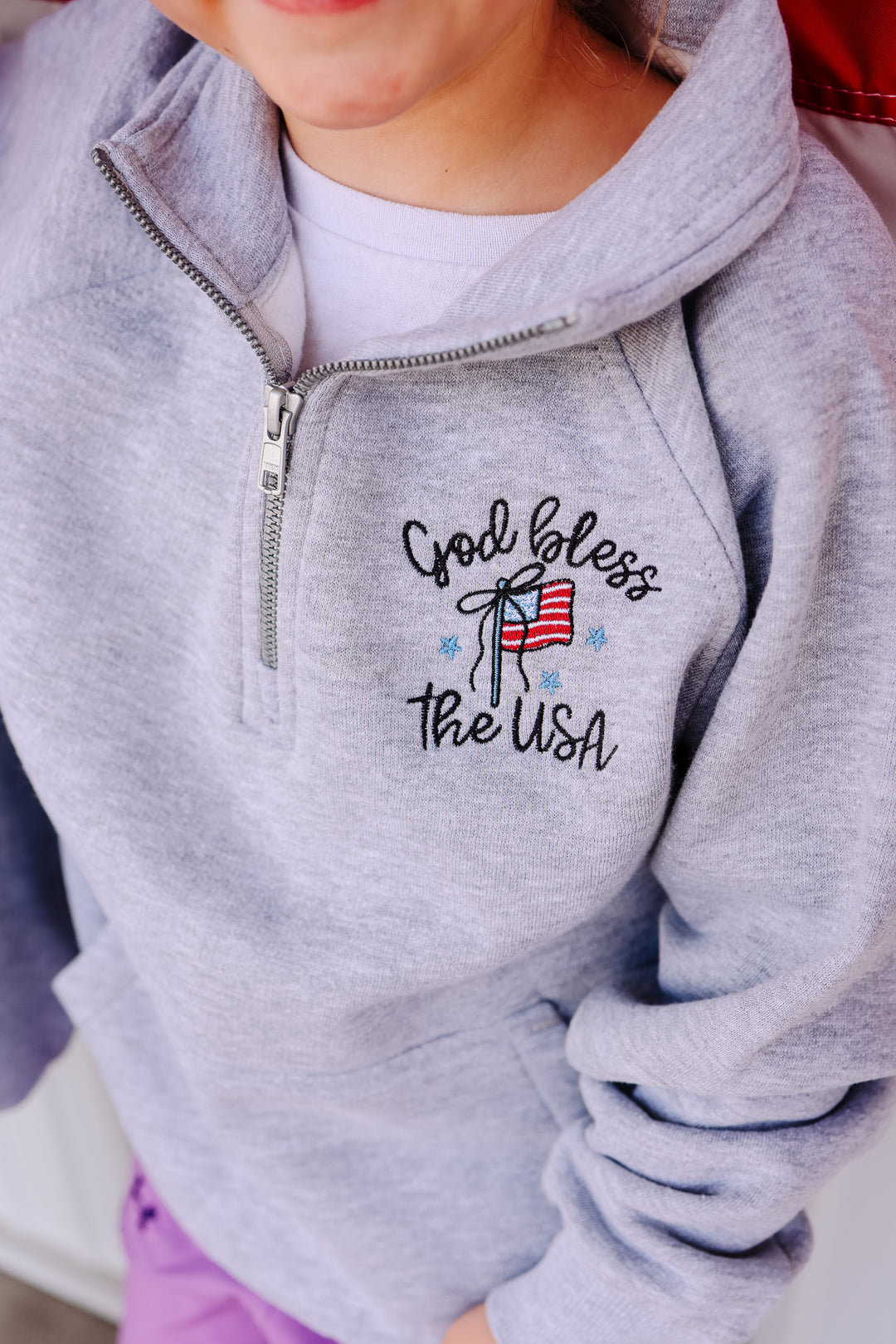 *YOUTH* God Bless The USA Embroidered Half Zip - Athletic Heather