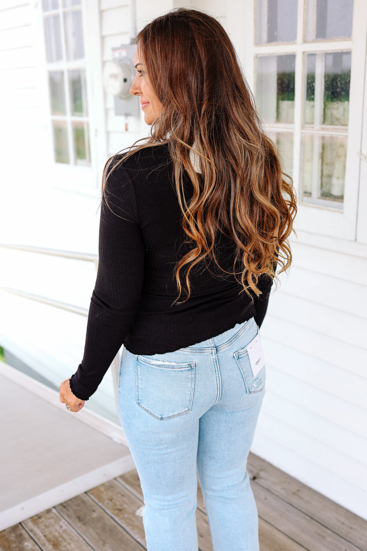 Josie Mock Neck Ribbed Top - Black