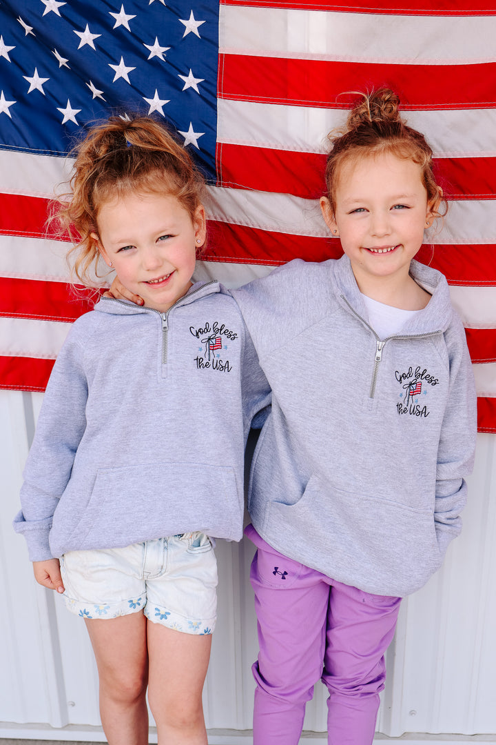 *YOUTH* God Bless The USA Embroidered Half Zip - Athletic Heather