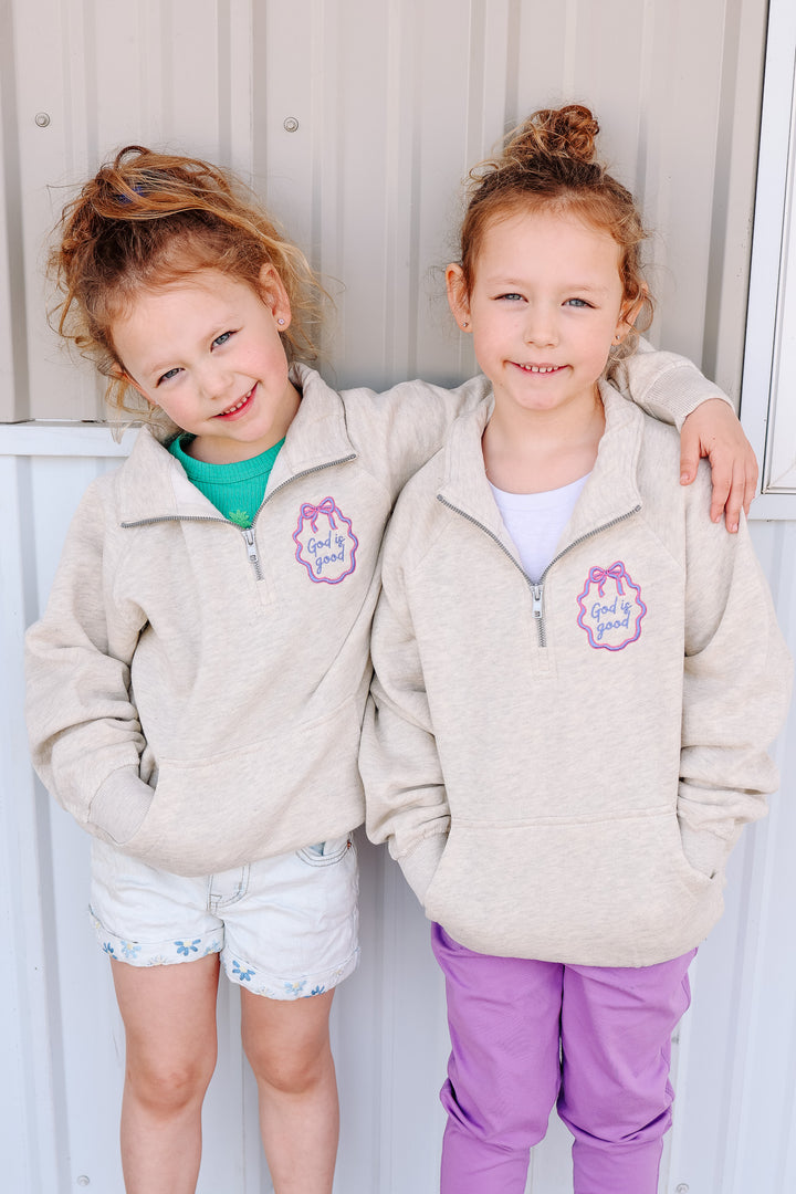 *YOUTH* God is Good Frame Embroidered Half Zip - Oatmeal Heather