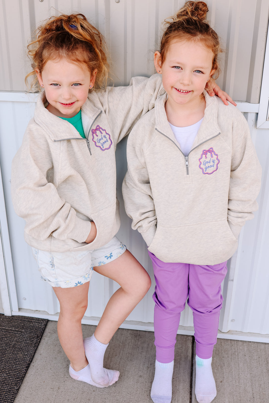 *YOUTH* God is Good Frame Embroidered Half Zip - Oatmeal Heather