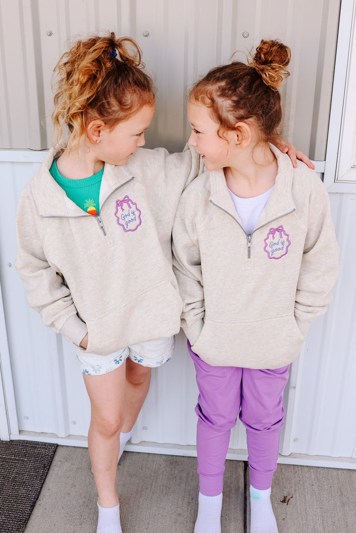*YOUTH* God is Good Frame Embroidered Half Zip - Oatmeal Heather