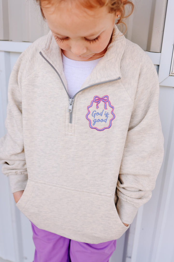 *YOUTH* God is Good Frame Embroidered Half Zip - Oatmeal Heather