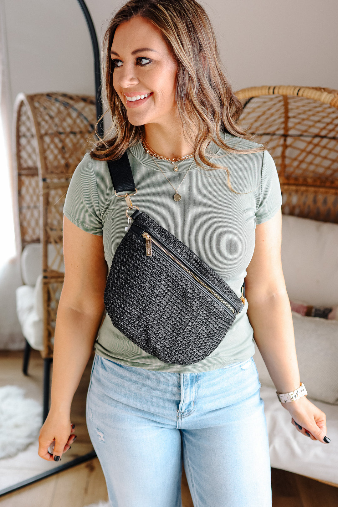Rachel Raffia Westlyn Bum Bag - Black