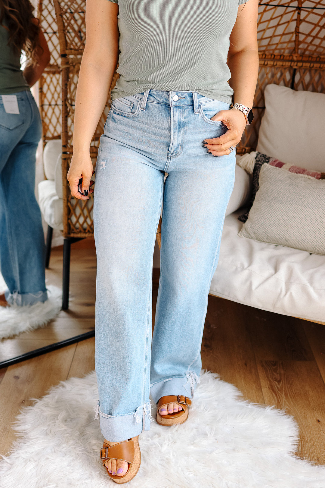 FLYING MONKEY: Sadie Light Wash Cuffed Wide Jeans