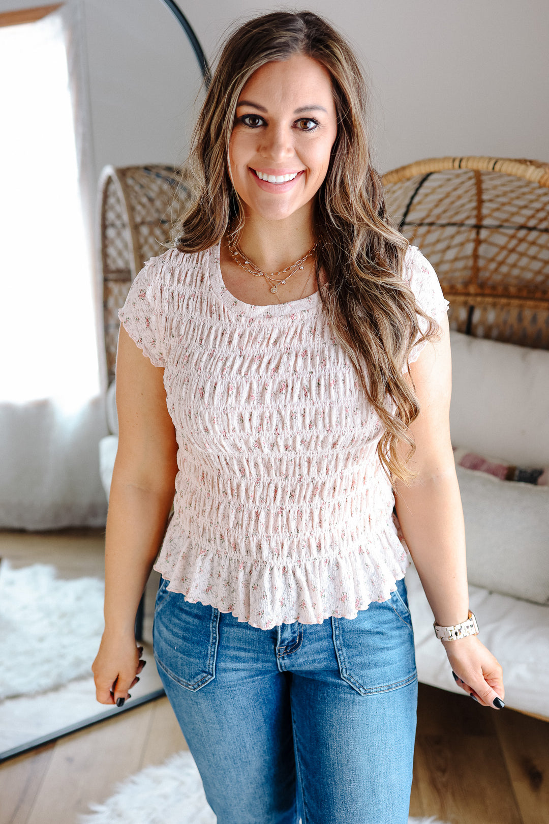 Avery Floral Ruched Top - Light Pink