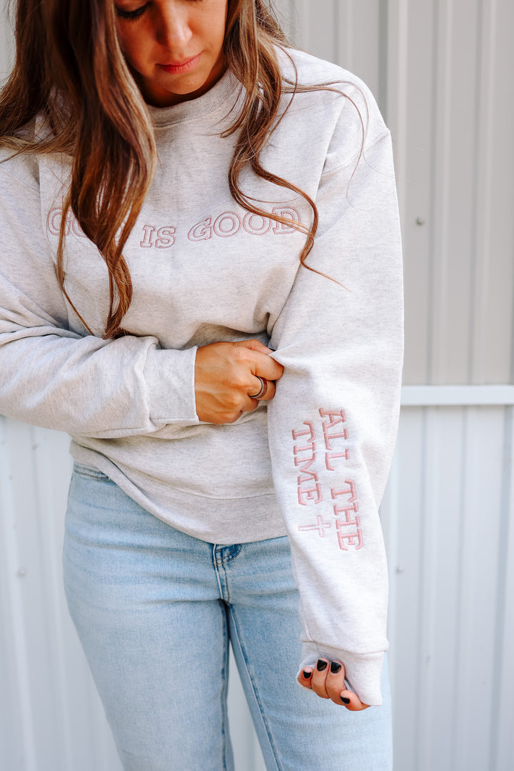God Is Good Embroidered Crewneck Sweatshirt - Oatmeal Heather