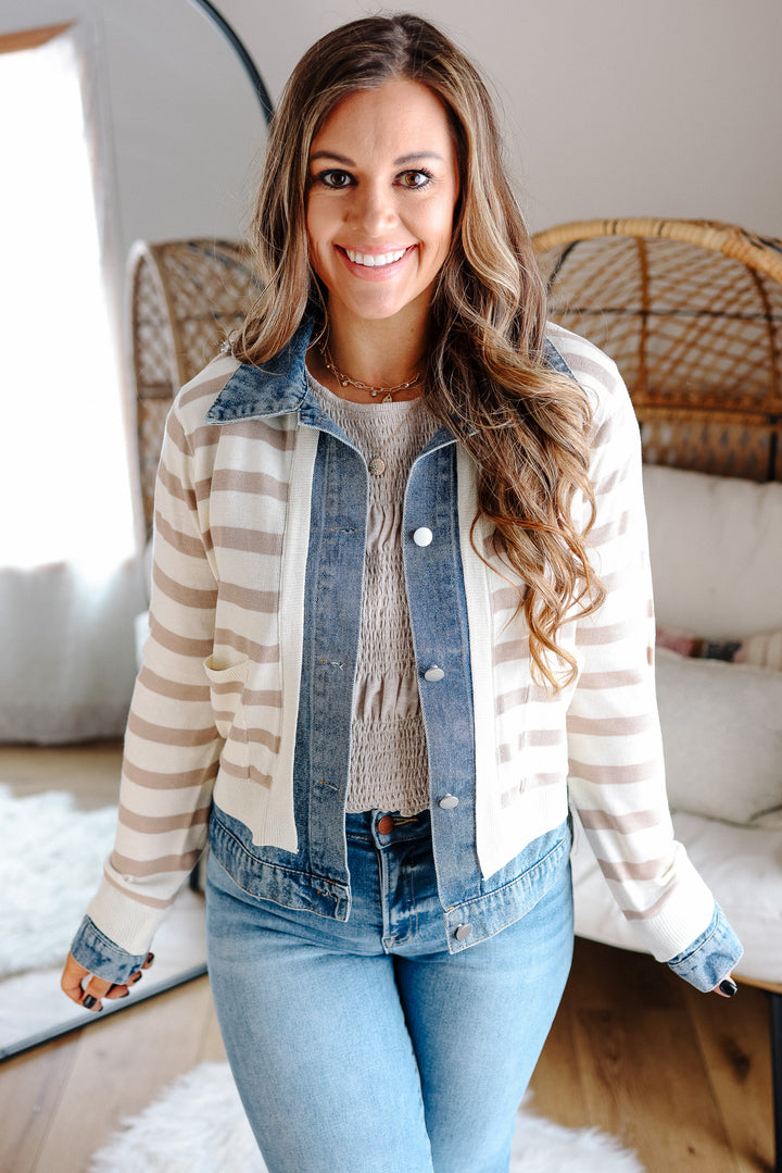 Wylie Denim Trim Sweater Jacket - Taupe