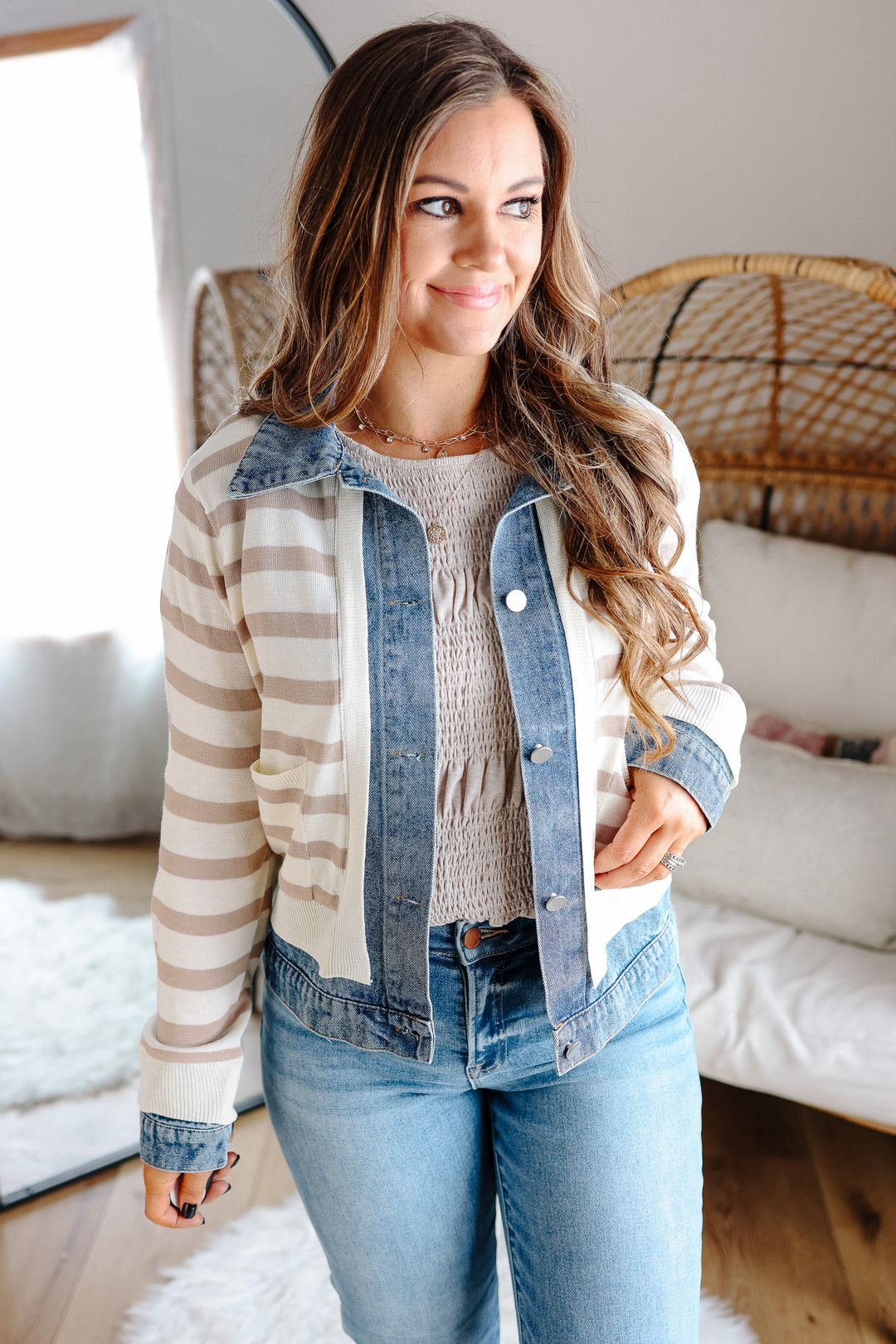 Wylie Denim Trim Sweater Jacket - Taupe