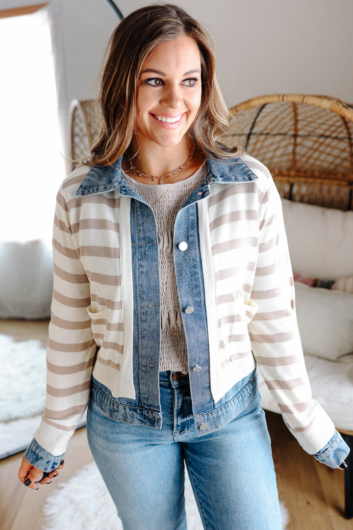 Wylie Denim Trim Sweater Jacket - Taupe