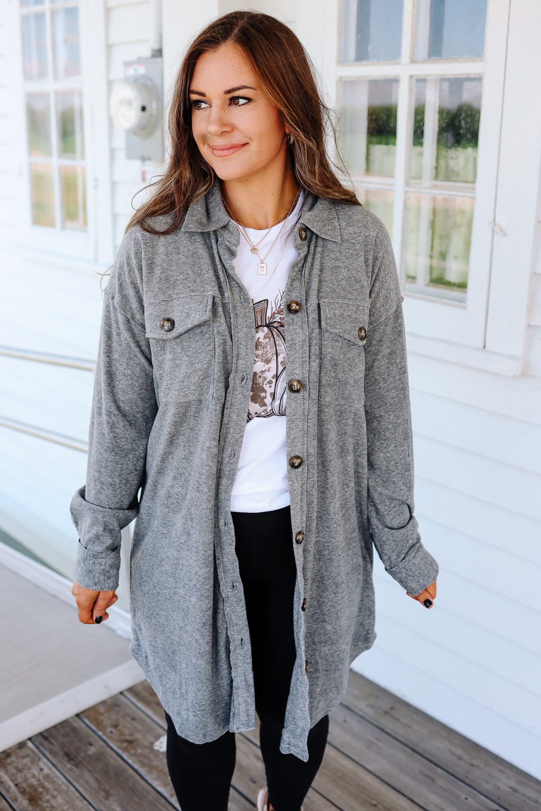 Rita Brushed Long Line Shacket - Grey