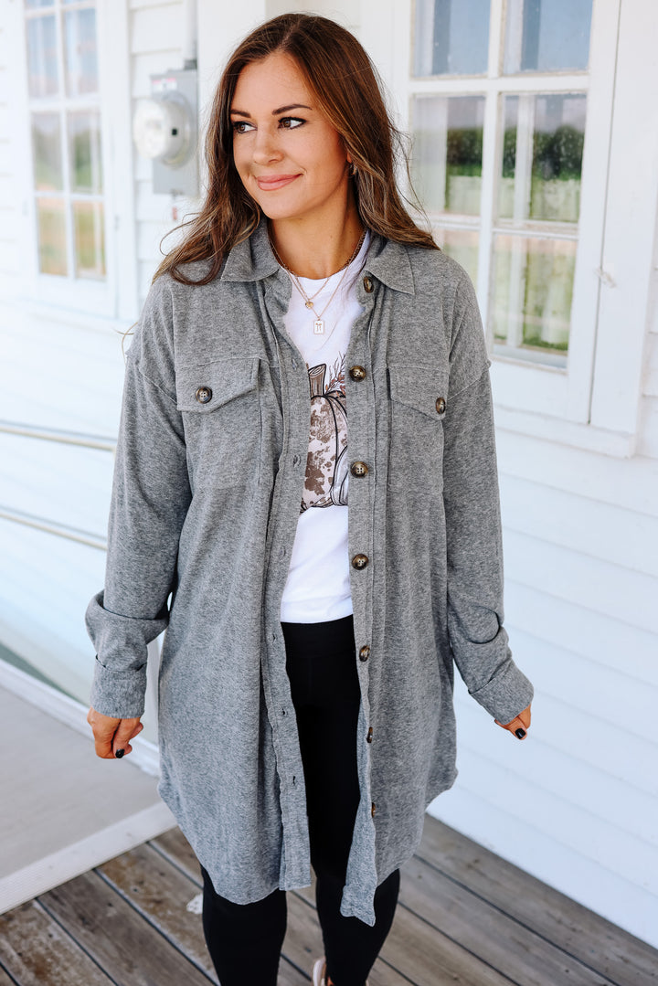Rita Brushed Long Line Shacket - Grey