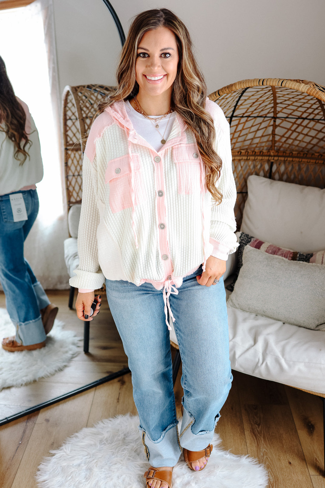 Elise Button Down Waffle Hoodie - Pink