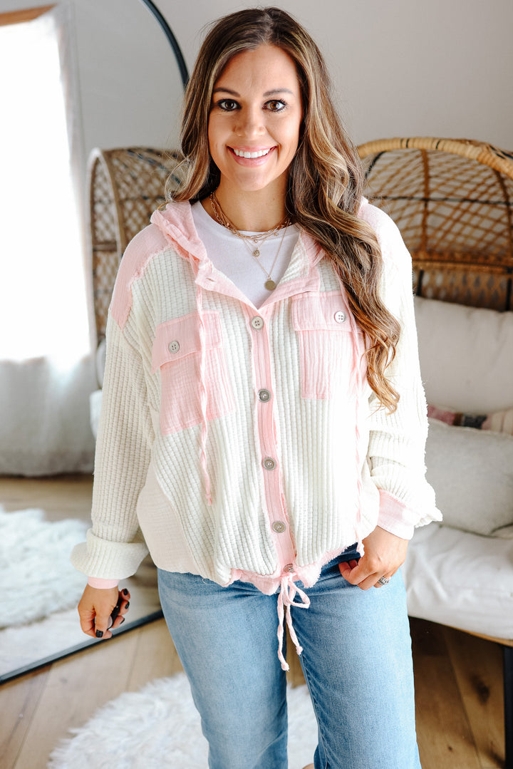 Elise Button Down Waffle Hoodie - Pink