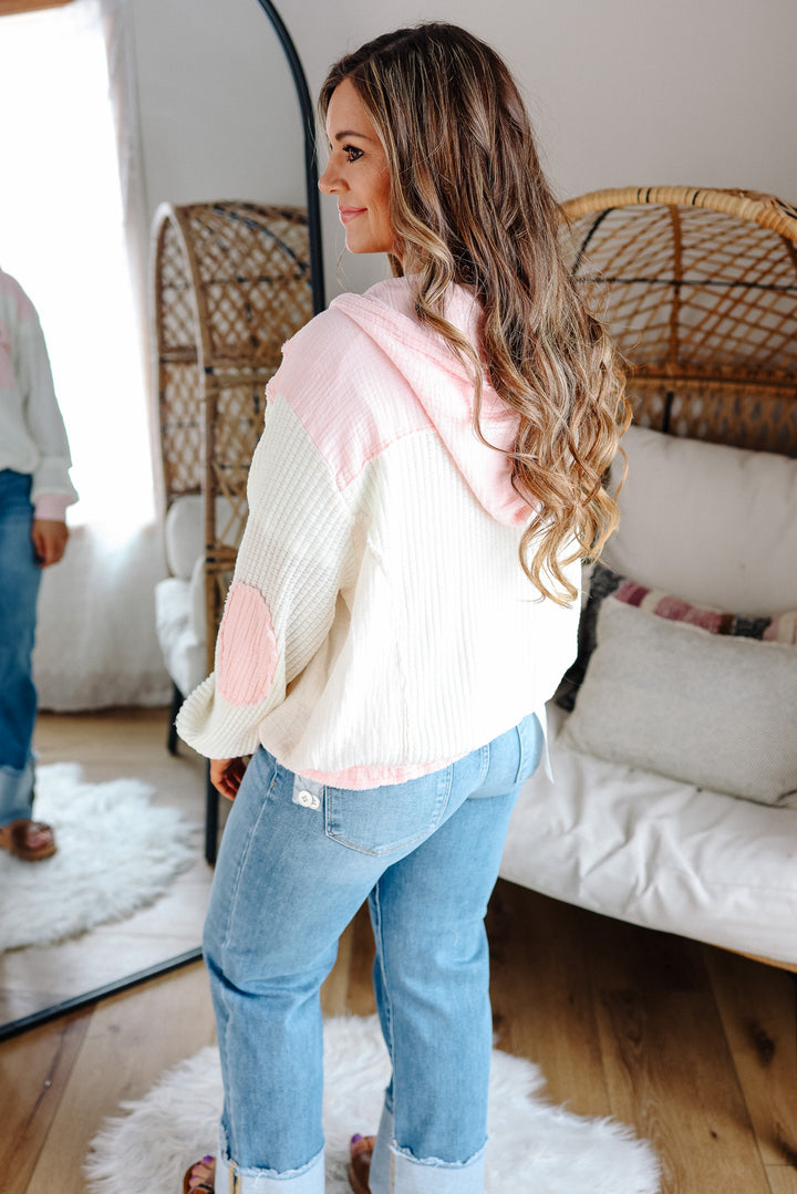 Elise Button Down Waffle Hoodie - Pink