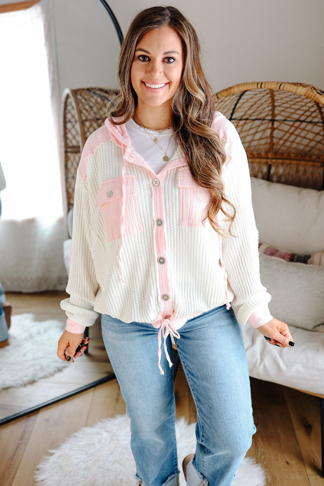 Elise Button Down Waffle Hoodie - Pink