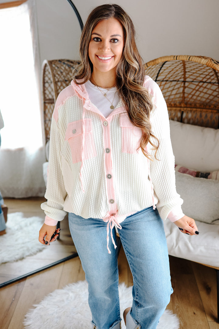 Elise Button Down Waffle Hoodie - Pink