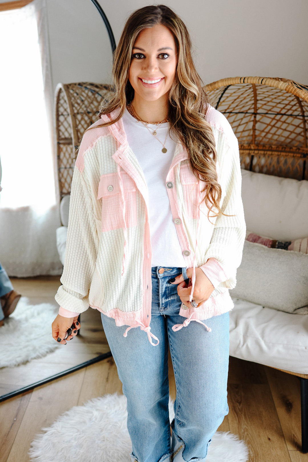 Elise Button Down Waffle Hoodie - Pink