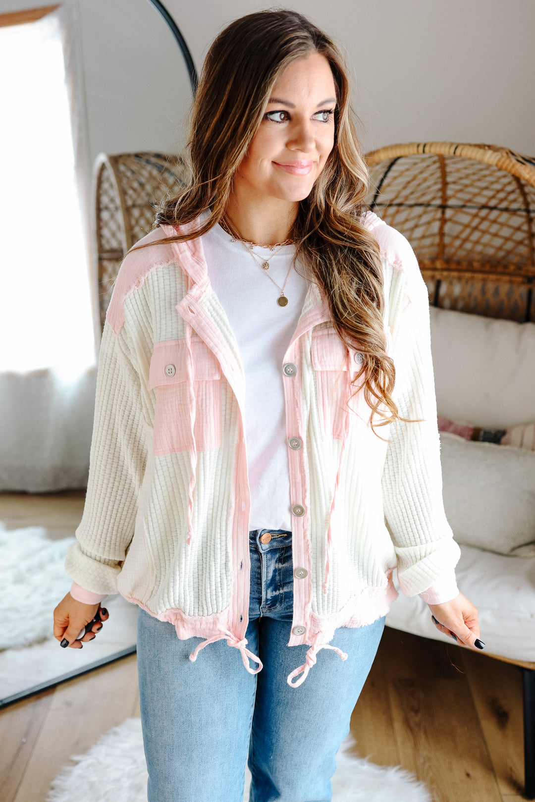 Elise Button Down Waffle Hoodie - Pink