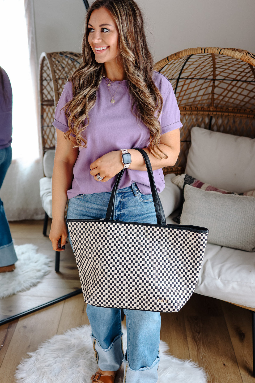 Woven Tiffany Organizer Tote Bag - Checkered Black
