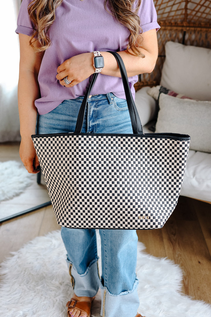 Woven Tiffany Organizer Tote Bag - Checkered Black