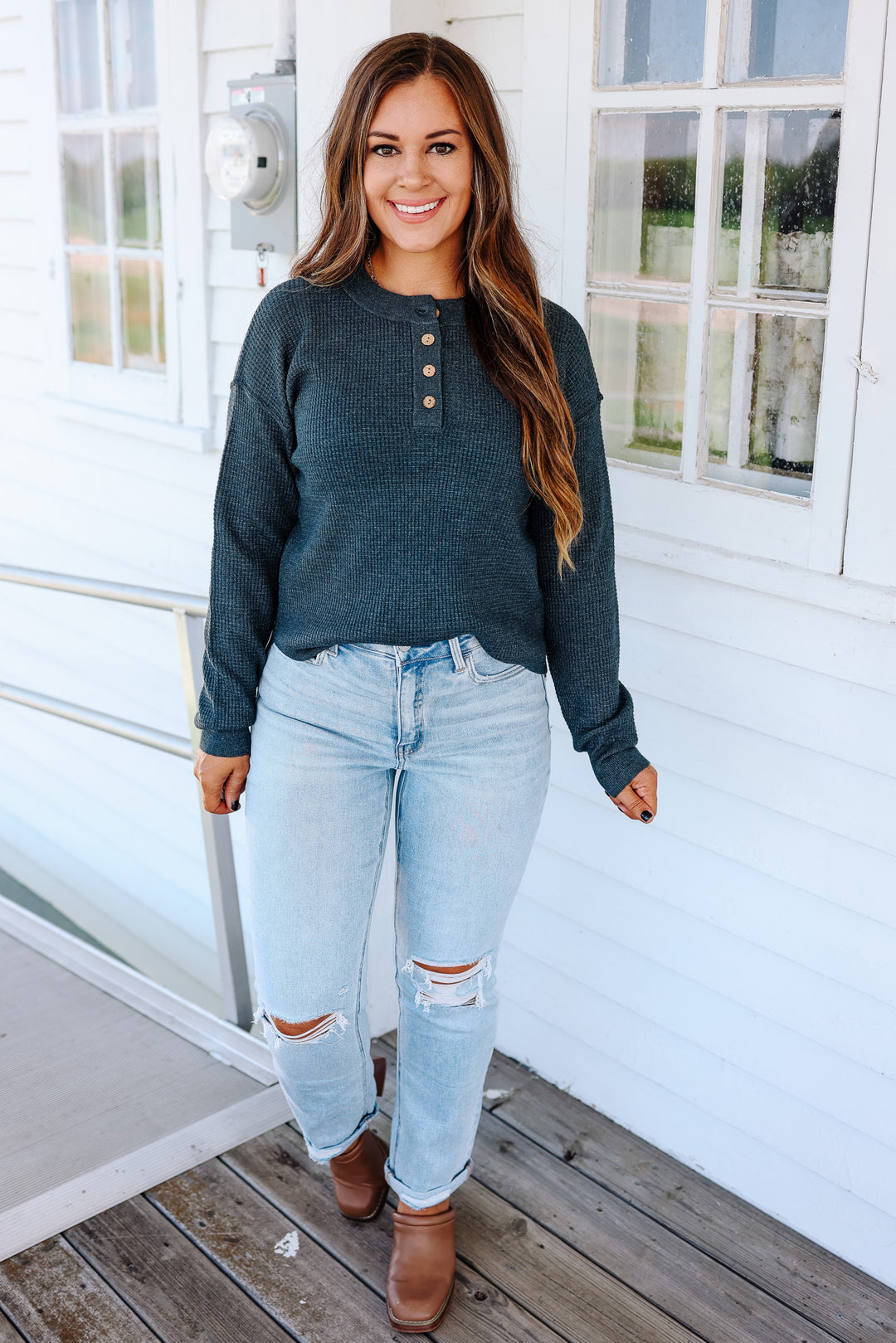 Gianna Waffle Sweater - Dark Teal