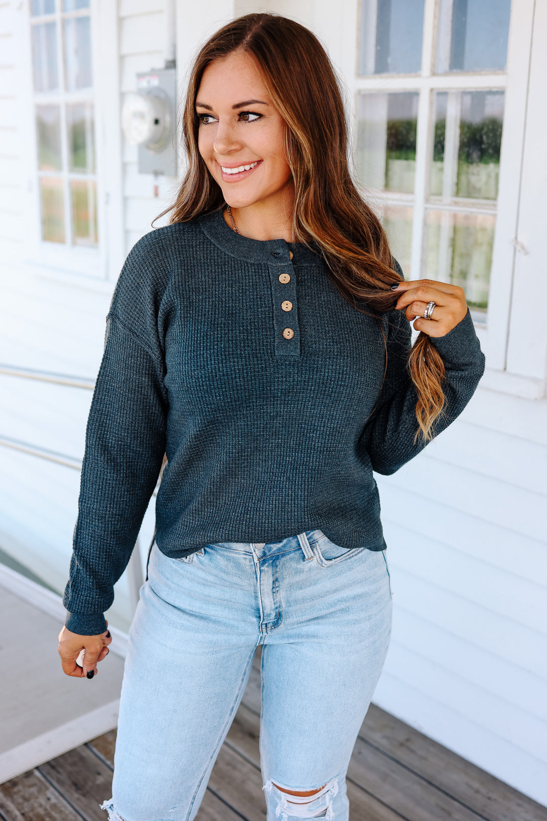 Gianna Waffle Sweater - Dark Teal