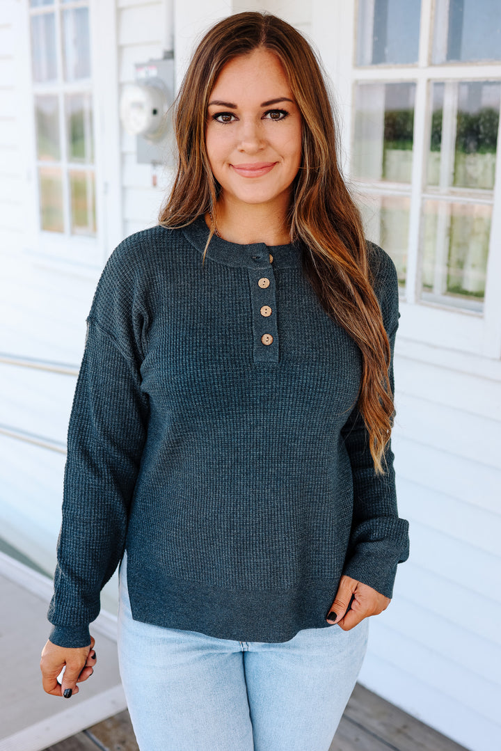 Gianna Waffle Sweater - Dark Teal