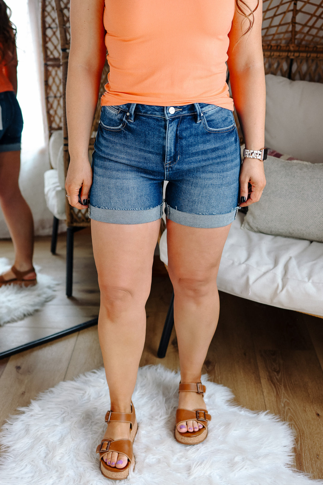 RISEN: Onyx High Rise Cuffed Shorts - Dark