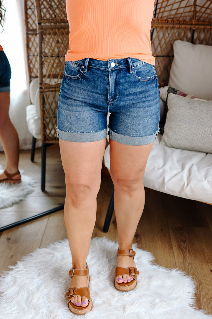RISEN: Onyx High Rise Cuffed Shorts - Dark