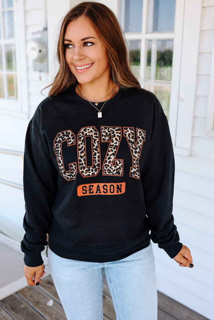 Leopard Cozy Season Graphic Sweatshirt - Black