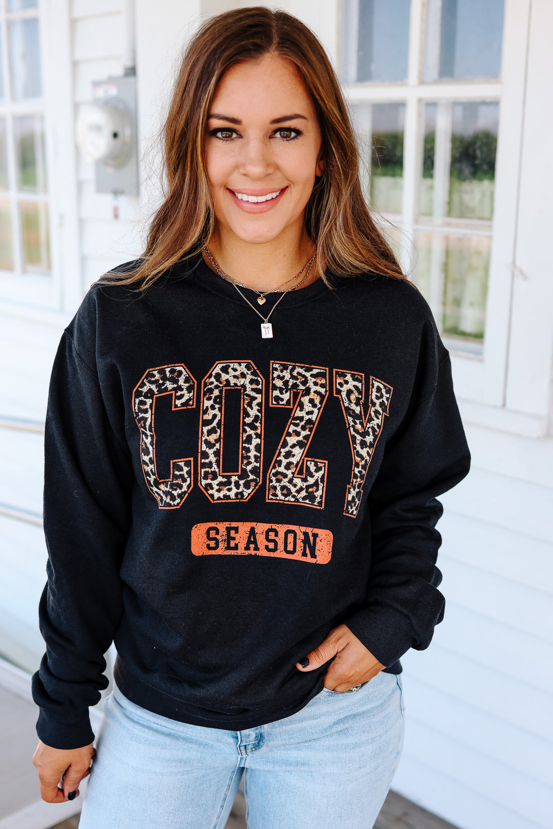Leopard Cozy Season Graphic Sweatshirt - Black